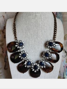 BAUBLEBAR Lucite Faux Tortoise Faceted Clear Rhinestone Navy Statement Necklace